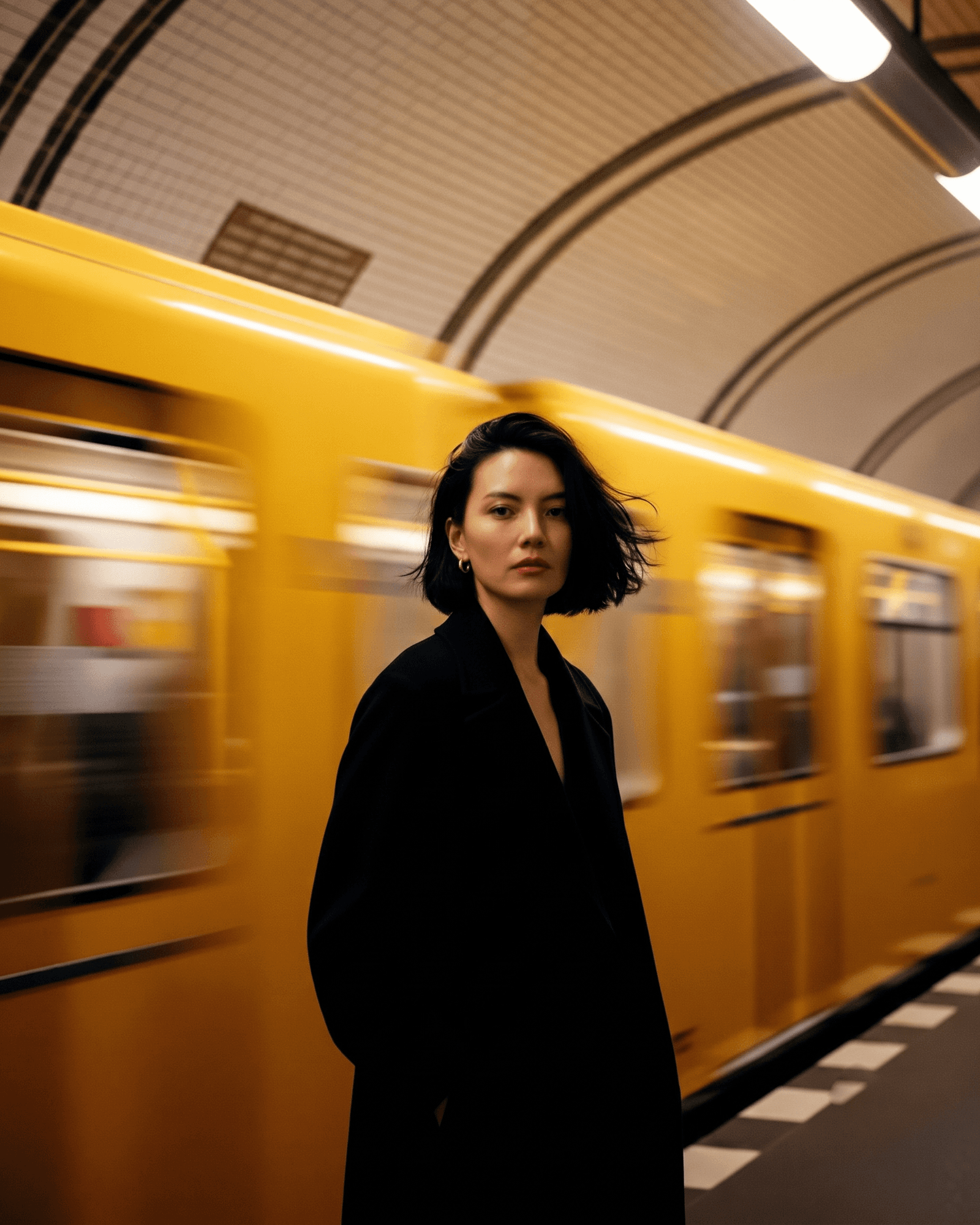 Portrait framed by a passing yellow train